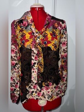 NWT Isle Floral Mixed-Print Tie-Neck Blouse in Pink and Yellow size XS